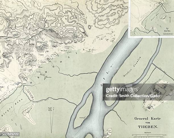 Color lithograph of the Thebes, an ancient Egyptian city located east of the Nile about 800 kilometers south of the Mediterranean, titled General...