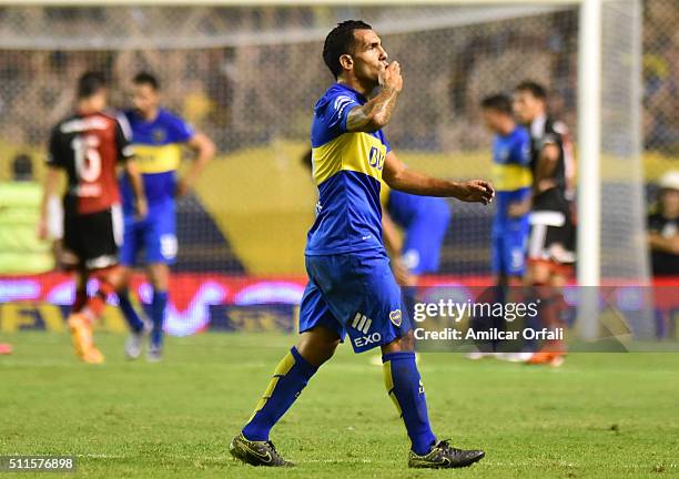 Carlos Tevez of Boca Juniors celebrates after scoring the second goal of his team during the 4th round match between Boca Juniors and Newell's Old...