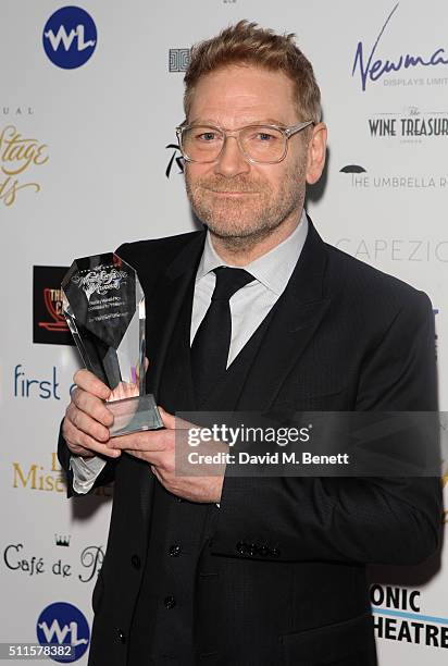 Kenneth Branagh with his Equity Award for Services to Theatre during the 16th Annual WhatsOnStage Awards at The Prince of Wales Theatre on February...