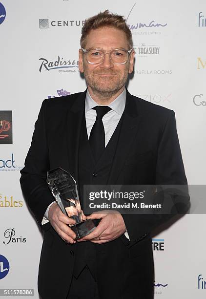 Kenneth Branagh with his Equity Award for Services to Theatre during the 16th Annual WhatsOnStage Awards at The Prince of Wales Theatre on February...