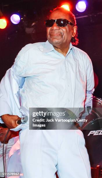 American Gospel musician Clarence Fountain, of the group the Blind Boys of Alabama, during a performance at the Bowery Ballroom, New York, New York,...