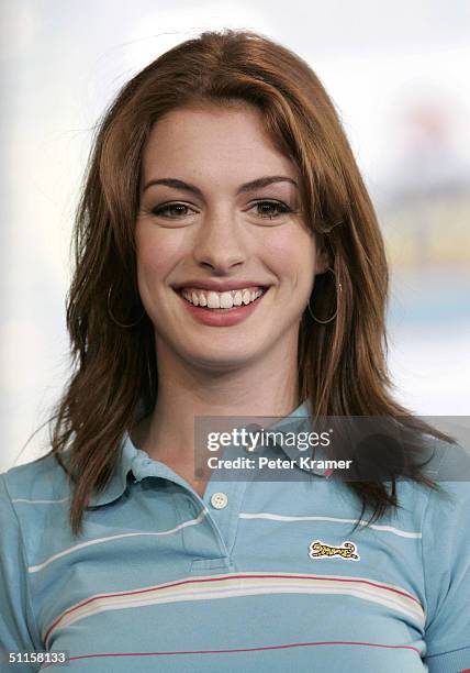 Actress Anne Hathaway makes an appearance on MTV's Total Request Live August 10, 2004 in New York City.