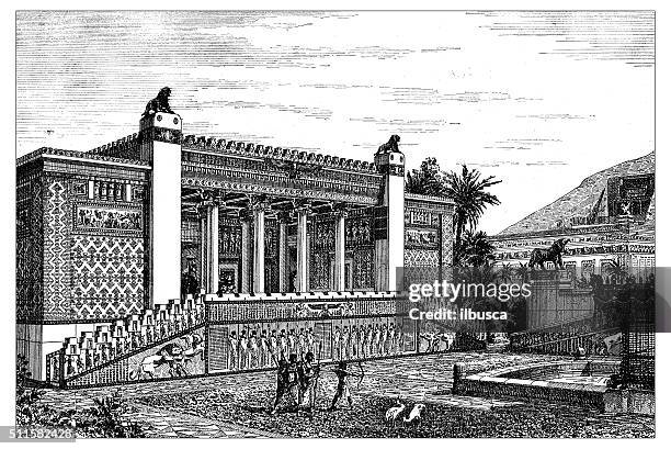 antique illustration of reconstruction of darius palace (persepolis, iran) - reenactment stock illustrations