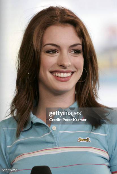 Actress Anne Hathaway makes an appearance on MTV's Total Request Live on August 10, 2004 in New York City.