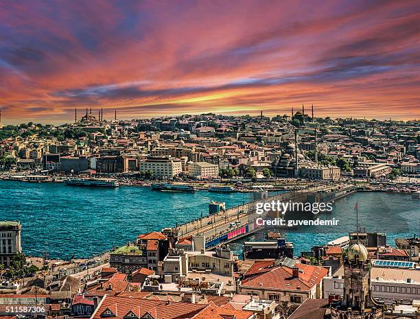 istanbul with golden horn at sunset - istanbul bridge stock pictures, royalty-free photos & images