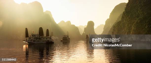 dawn on halong bay, vietnam with mist panorama - halong bay stock pictures, royalty-free photos & images