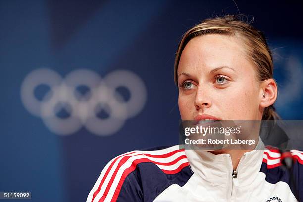 Amanda Beard attends the USA Swimming Press Conference prior to the Athens 2004 Summer Olympic Games at the main Olympic press center on August 11,...