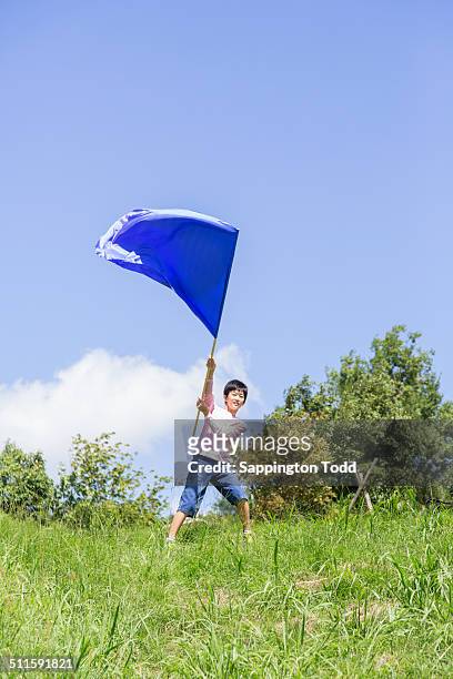 boy waving flag - asian flags ストックフォトと画像
