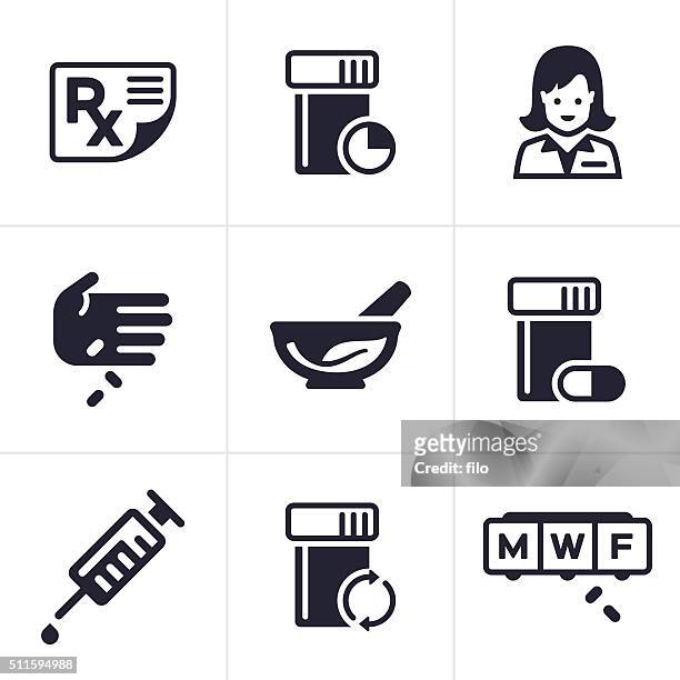 medical and pharmacy icons and symbols - prescription medicine stock illustrations