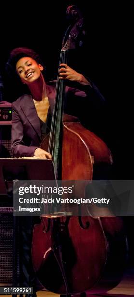 American Jazz musician Esperanza Spalding plays upright acoustic bass as she performs with Joe Lovano's 'Us Five' quintet at Carnegie Hall's Zankel...