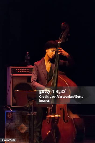 American Jazz musician Esperanza Spalding plays upright acoustic bass as she performs with Joe Lovano's 'Us Five' quintet at Carnegie Hall's Zankel...