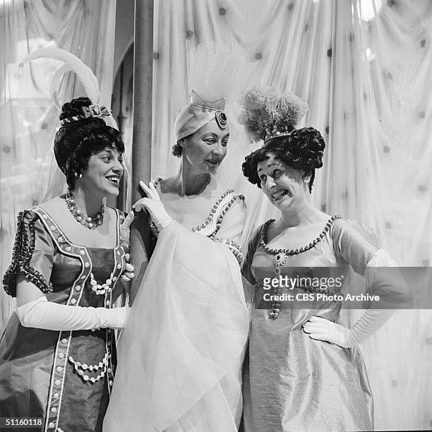 Cast members perform in a scene from the CBS Television presentation of 'Cinderella,' New York, New York, March 22, 1957. Left to right: American...