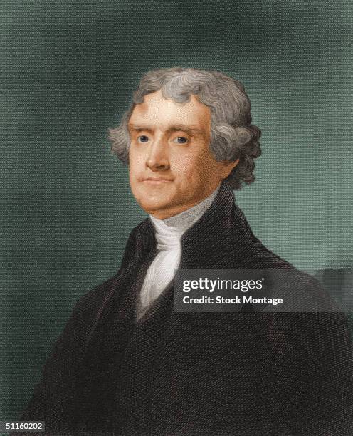 Engraved portrait of American President Thomas Jefferson , early 1800s. Jefferson served as the third president of the United States, from 1801 unitl...