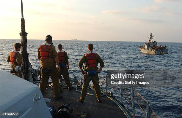 In this photo made available by the IDF, Israeli sailors patrol with their Dabour missile boats off Israel's coast August 11, 2004 during an exercise...