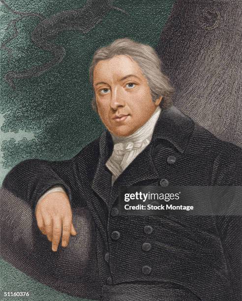 Portrait of English physician and paleontologist Edward Jenner who developed the vaccine against smallpox in 1796 leaning against a tree, late 18th...