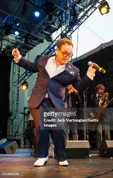 American R&B and Soul singer Paul Janeway leads his band, St Paul and the Broken Bones, at the Lincoln Center Out of Doors Americanafest NYC at...