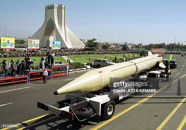 -- In this file picture dated 21 September 2000, Iran's Shahab-3 surface-to-surface missile is seen displayed in Tehran during a military parade...