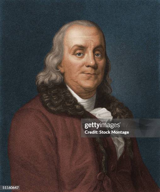 Engraved portrait of American politician, scientist, and philosopher Benjamin Franklin .