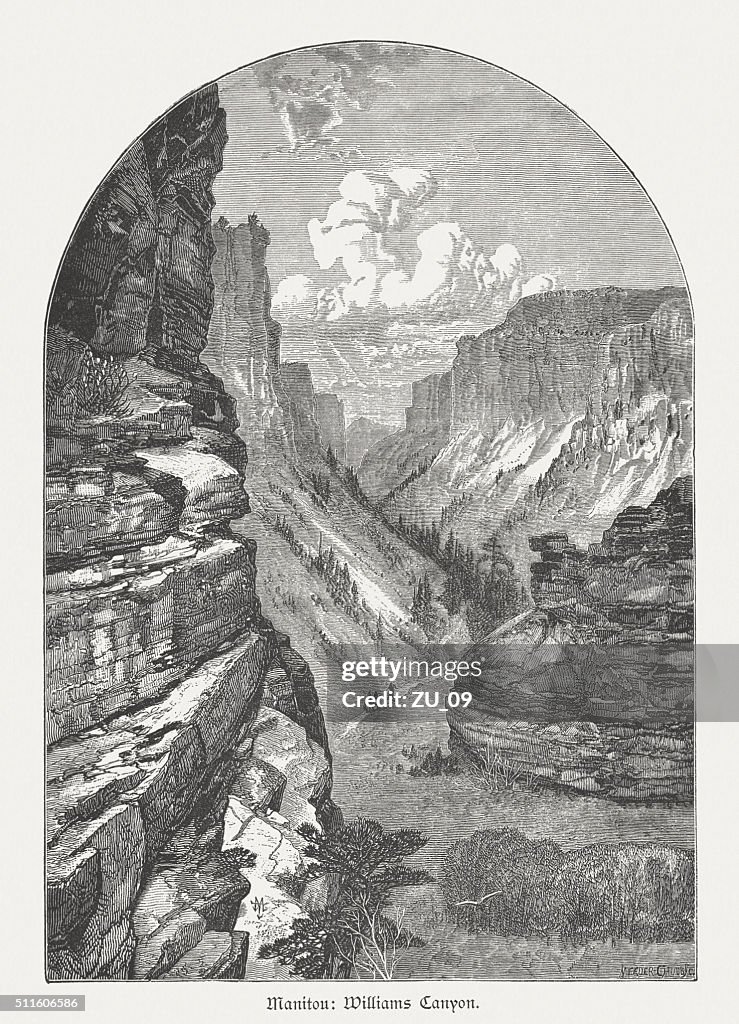 Williams Canyon, Colorado, USA, wood engraving, published in 1880