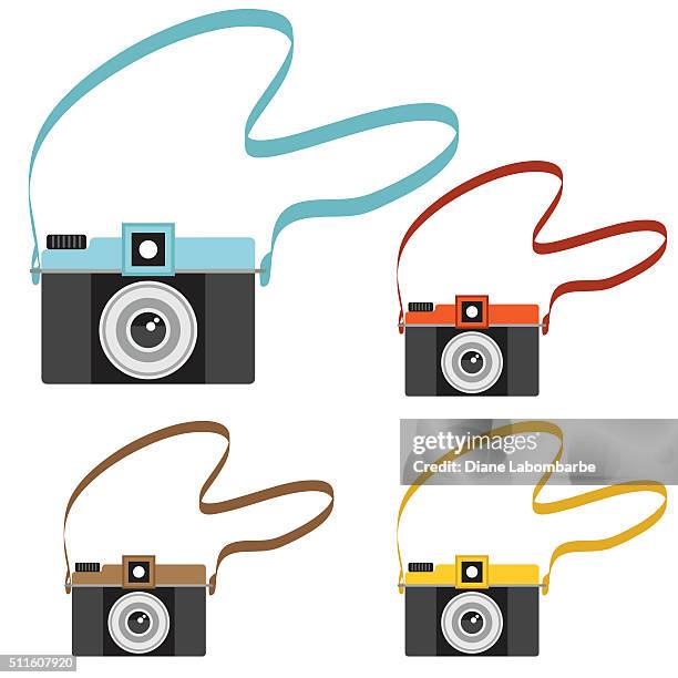 bildbanksillustrationer, clip art samt tecknat material och ikoner med cute cartoon retro cameras with straps - rem