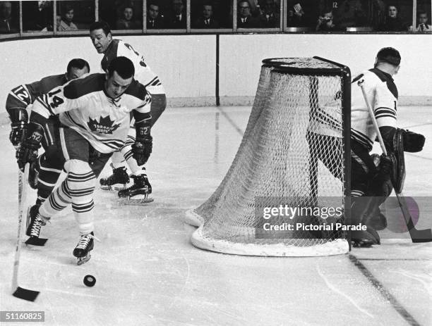 Dave Koen of the Toronto Maple Leafs chases the puck from behind his team's goal , during game two of the 1967 Stanley Cup finals, Montreal, Quebec,...