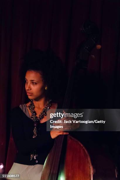 American Jazz musician Esperanza Spalding plays upright acoustic bass as she performs with Joe Lovano's 'Us Five' quintet at the Village Vanguard,...