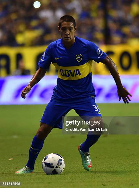 Nahuel Molina of Boca Juniors drives the ball during the 4th round match between Boca Juniors and Newell's Old Boys as part of the Torneo Transicion...