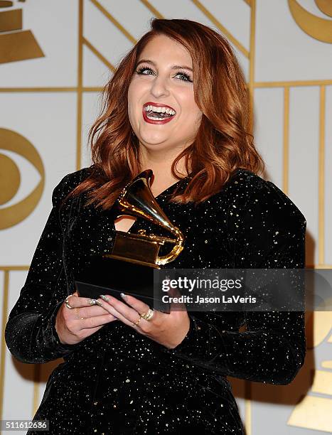 Singer Meghan Trainor poses in the press room at the The 58th GRAMMY Awards at Staples Center on February 15, 2016 in Los Angeles, California.