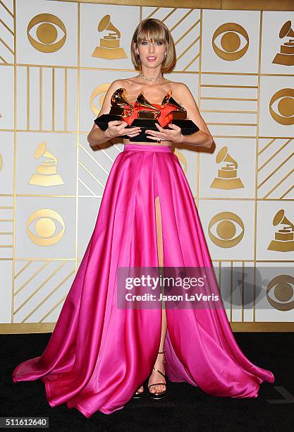 Taylor Swift poses in the press room at the The 58th GRAMMY Awards at Staples Center on February 15, 2016 in Los Angeles, California.