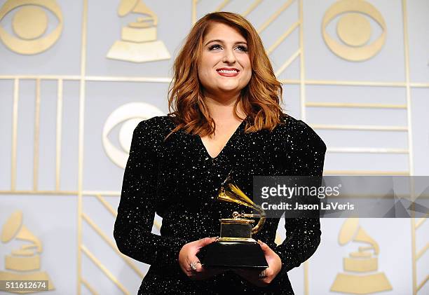 Singer Meghan Trainor poses in the press room at the The 58th GRAMMY Awards at Staples Center on February 15, 2016 in Los Angeles, California.