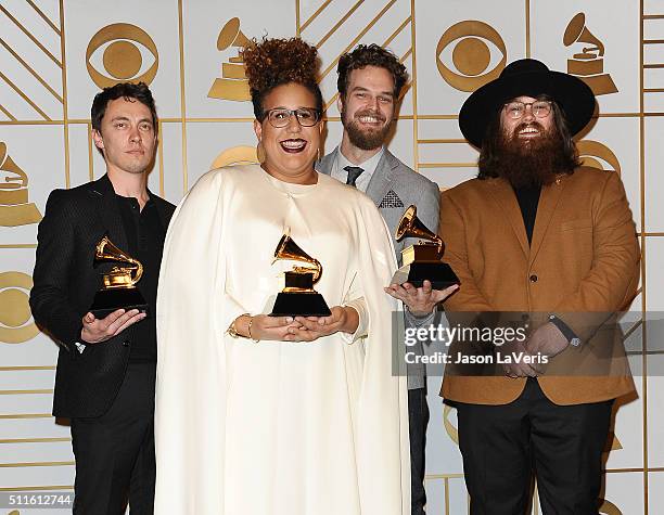 Heath Fogg, Brittany Howard, Steve Johnson and Zac Cockrell of the band Alabama Shakes pose in the press room at the The 58th GRAMMY Awards at...