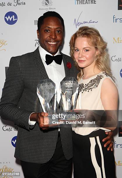 Matt Henry, with his Best Actor in a Musical award for Kinky Boots and Amy Lennox with the Best New Musical award for Kinky Boots during the 16th...