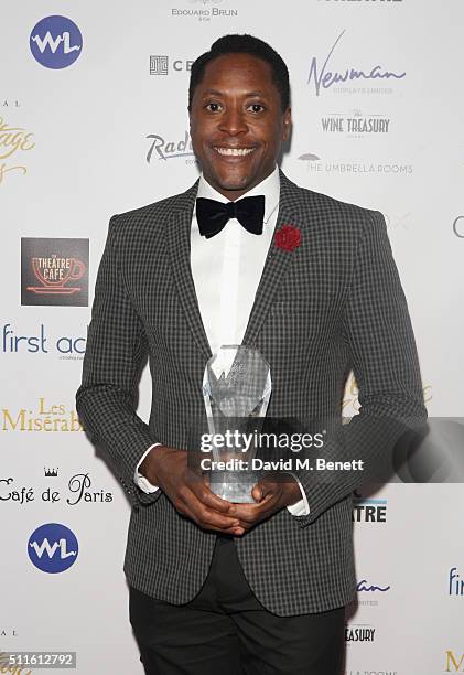 Matt Henry, with his Best Actor in a Musical award for Kinky Boots during the 16th Annual WhatsOnStage Awards at The Prince of Wales Theatre on...