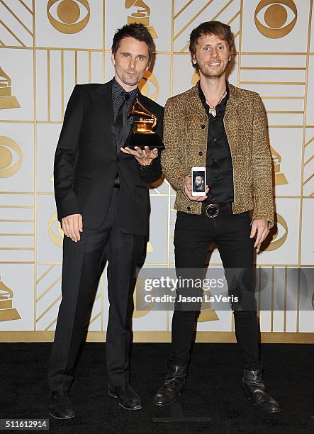 Matt Bellamy and Dominic Howard of the band Muse poses in the press room at the The 58th GRAMMY Awards at Staples Center on February 15, 2016 in Los...