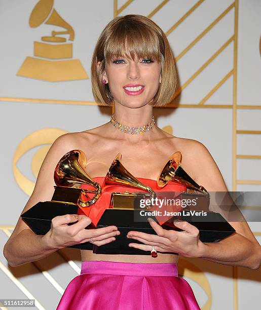 Taylor Swift poses in the press room at the The 58th GRAMMY Awards at Staples Center on February 15, 2016 in Los Angeles, California.