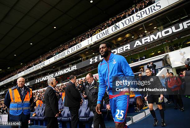 Emmanuel Adebayor of Crystal Palace walks out of the tunnel fr the start of the game during The Emirates FA Cup Fifth Round match between Tottenham...