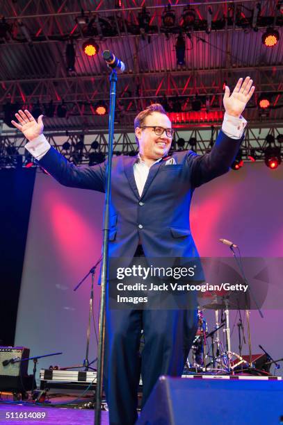 American R&B and Soul singer Paul Janeway leads his band, St Paul and the Broken Bones, at the Lincoln Center Out of Doors Americanafest NYC at...