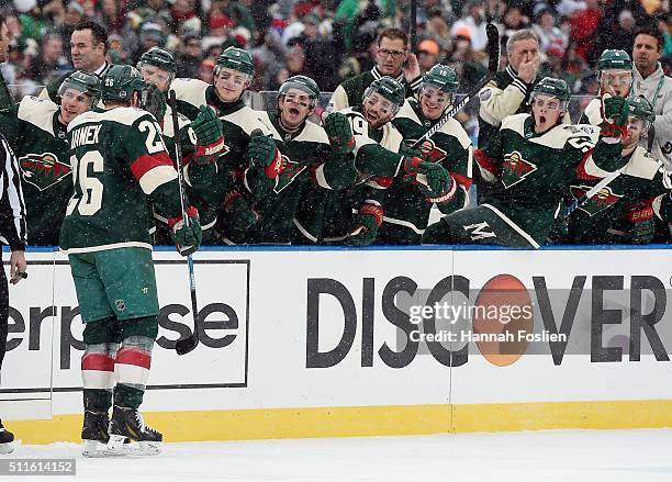 Thomas Vanek of the Minnesota Wild celebrates his goal at 7:10 of the first period against the Chicago Blackhawks at the TCF Bank Stadium during the...