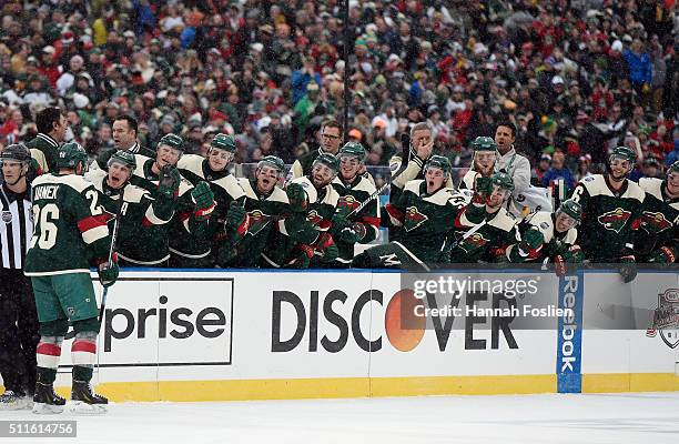 Thomas Vanek of the Minnesota Wild celebrates his goal at 7:10 of the first period against the Chicago Blackhawks at the TCF Bank Stadium during the...