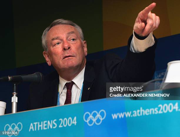 The chief of World Anti-Doping Agency Richard Pound gestures, while answering media questions during his press conference in Athens, 12 August 2004,...