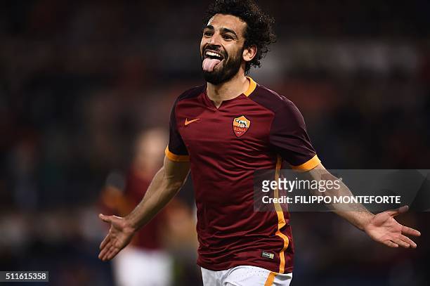 Roma's midfielder from Egypt Mohamed Salah celebrates after scoring during the Italian Serie A football match Roma vs Palermo at the Olympic Stadium...