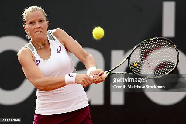 Shelby Rogers of the United States returns a shot to Francesca Schiavone of Italy during the final of the Rio Open at Jockey Club Brasileiro on...