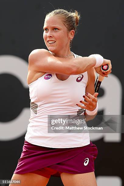 Shelby Rogers of the United States returns a shot to Francesca Schiavone of Italy during the final of the Rio Open at Jockey Club Brasileiro on...