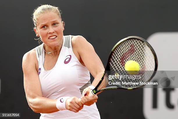 Shelby Rogers of the United States returns a shot to Francesca Schiavone of Italy during the final of the Rio Open at Jockey Club Brasileiro on...
