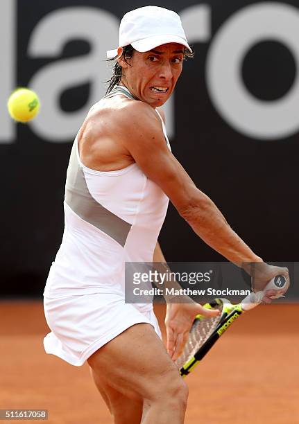 Francesca Schiavone of Italy returns a shot to Shelby Rogers of the United States during the final of the Rio Open at Jockey Club Brasileiro on...