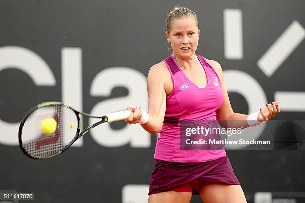 Shelby Rogers of the United States returns a shot to Francesca Schiavone of Italy during the final of the Rio Open at Jockey Club Brasileiro on...