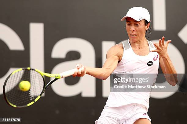 Francesca Schiavone of Italy returns a shot to Shelby Rogers of the United States during the final of the Rio Open at Jockey Club Brasileiro on...