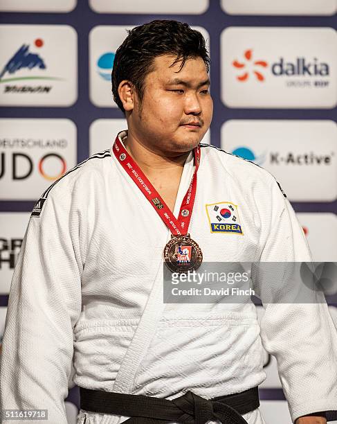 Over 100kg bronze medallist, Sung-Min Kim of South Korea, during the 2016 Dusseldorf Judo Grand Prix on February 21, 2016 at the Mitsubishi Electric...
