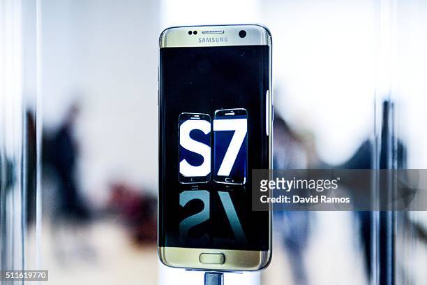 Samsung Galaxy S7 is seen during its worldwide unveiling on February 21, 2016 in Barcelona, Spain. The annual Mobile World Congress will start...
