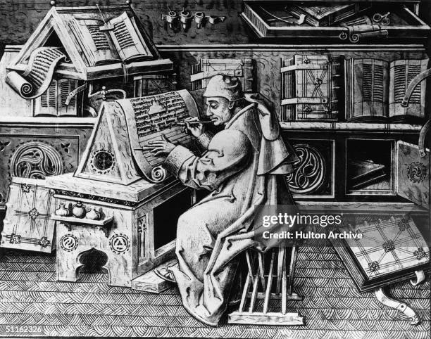 Jean de Mielot, secretary to Philippe de Bourgogne, sits on a folding chair and works on an illuminated manuscript in a 15th century scriptorium,...